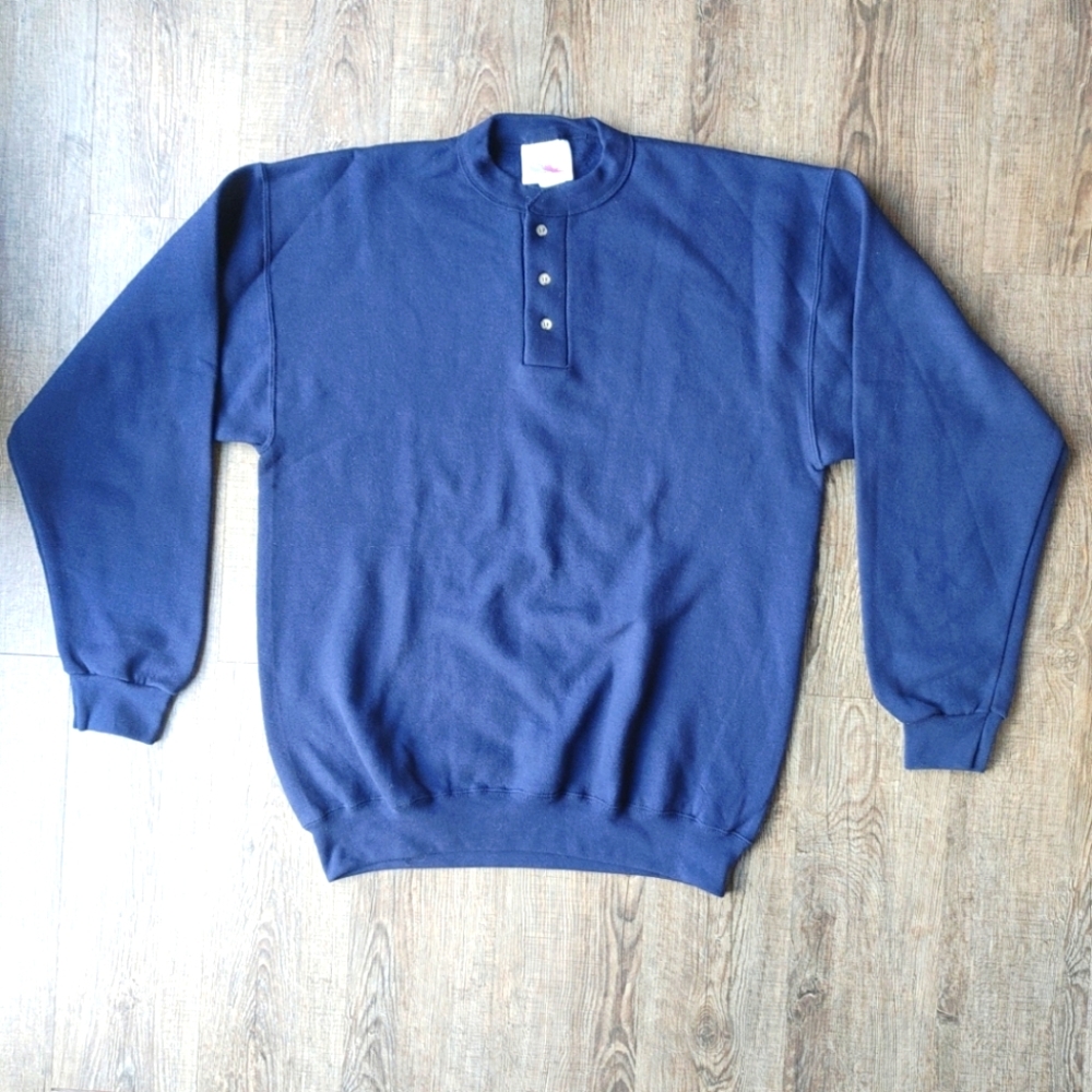 Vintage American Spirit Men's Henley Fleece Sweater Sz Large Navy Blue Pullover